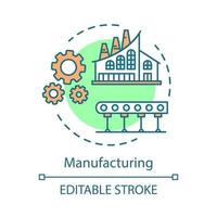 Manufacturing concept icon. Production idea thin line illustration. Plant, factory. Industrial sector. Vector isolated outline drawing. Editable stroke