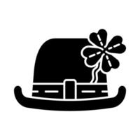 Bowler hat with four-leaf clover glyph icon. Leprechaun s hat with shamrock. Saint Patrick s Day silhouette symbol. Negative space. Vector isolated illustration