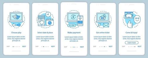 Theatre onboarding plantilla de vector de pantalla de página de aplicación móvil. jugar al pago de entradas en línea. evento de espectáculo. paso a paso del sitio web con ilustraciones lineales. concepto de interfaz de teléfono inteligente ux, ui, gui