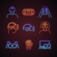 Virtual reality neon light icons set. VR games players, headsets, controllers, HUD, glove, computer, video. Virtual reality devices. Glowing signs. Vector isolated illustrations