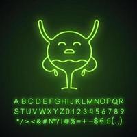 Sad urinary bladder character neon light icon. Unhealthy urinary tract. Urinary system diseases. Cystitis. Glowing sign with alphabet, numbers and symbols. Vector isolated illustration