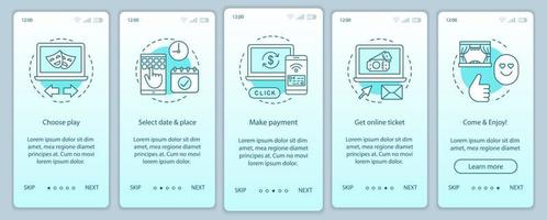 Theatre onboarding plantilla de vector de pantalla de página de aplicación móvil. jugar al pago de entradas en línea. evento de pieza de espectáculo. paso a paso del sitio web, ilustraciones lineales. concepto de interfaz de teléfono inteligente ux, ui, gui