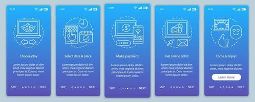 Theatre onboarding plantilla de vector de pantalla de página de aplicación móvil. pago de entradas online para espectáculos. evento de juego. paso a paso del sitio web con ilustraciones lineales. concepto de interfaz de teléfono inteligente ux, ui, gui