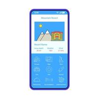 Mountain resort booking application smartphone interface vector template. Mobile app blue design layout. Ski hotel search, order flat UI. Winter accomodation reservation page screen. Phone display