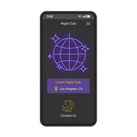 plantilla de vector de interfaz de smartphone de club nocturno. diseño de la página de la aplicación móvil en negro. ubicación de la fiesta, pantalla de localización. sitio web de discoteca, aplicación plana ui. dirección de discoteca, contáctenos pantalla del teléfono