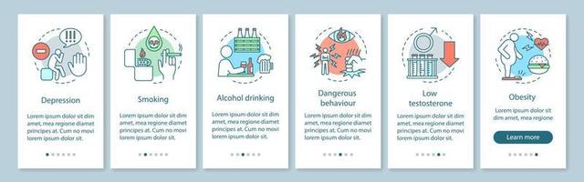 Men's health risks factors onboarding mobile app page screen vector template. Smoking, obesity, alcohol. Walkthrough website steps with linear illustrations. UX, UI, GUI smartphone interface concept