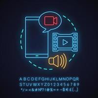 Recording neon light concept icon. Vlogging idea. Sound, video record. Video hosting. Glowing sign with alphabet, numbers and symbols. Vector isolated illustration