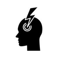 Migraine glyph icon. Silhouette symbol. Human head with lightning bolt. Thunderclap headache. Temple pressure, tension, pain. Flu symptom. Negative space. Vector isolated illustration