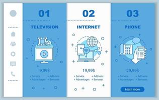 TV por cable, internet, paquete de telefonía incorporando pantallas de aplicaciones móviles con precios. plantillas de páginas de sitios web de recorridos. proveedores de servicios de comunicación planes tarifarios pasos. diseño de página web de pago de teléfono inteligente vector