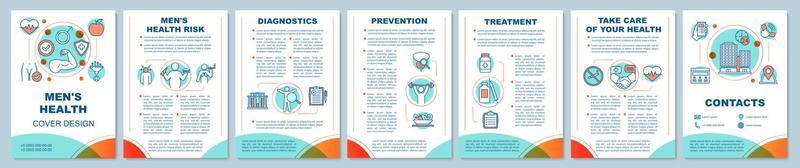 Men's health brochure template layout. Male health risks factors. Healthy lifestyle. Flyer, booklet, leaflet print design. Vector page layouts for magazines, annual reports, advertising posters