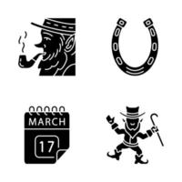 Saint Patrick s Day glyph icons set. Silhouette symbols. Feast of St. Patrick. Leprechauns, horseshoe, March 17 calendar date. Vector isolated illustration