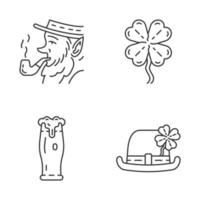 Saint Patrick s Day linear icons set. Thin line contour symbols. Feast of St. Patrick. Bowler hat, leprechaun, glass of ale, four leaf clover. Isolated vector outline illustrations. Editable stroke