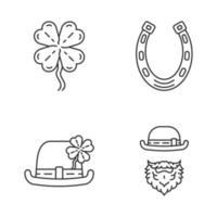 Saint Patrick s Day linear icons set. Thin line contour symbols. Feast of St. Patrick. Bowler hat, leprechaun, horseshoe, four leaf clover. Isolated vector outline illustrations. Editable stroke