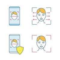 Conjunto de iconos de colores de reconocimiento facial. identificación biométrica. aplicaciones de teléfonos inteligentes de reconocimiento facial de bloqueo de rostros y operaciones bancarias, lector, software de escaneo. ilustraciones vectoriales aisladas vector