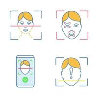 Facial recognition color icons set. Biometric identification. Face scanning process, markers and points, protection smartphone app, ID scan unidentified. Isolated vector illustrations