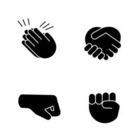 Hand gesture emojis glyph icons set. Applause, congratulation, handshake gesturing. Right and raised fists. Silhouette symbols. Vector isolated illustration