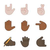 Conjunto de iconos de color de emojis de gesto de mano. te amo, rock on, índice de revés apuntando hacia la izquierda y hacia arriba, suerte, mentira, choca los cinco, contando cinco, shaka gesticulando, escribiendo la mano. ilustraciones vectoriales aisladas vector