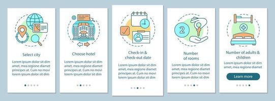 Hotel booking onboarding mobile app page screen with linear concepts. Select hotel, room amenities, feature, period, walkthrough steps graphic instructions. UX, UI, GUI vector template with icons