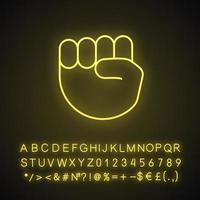 Raised fist emoji neon light icon. Protest, support hand gesture. Fist pointing up. Glowing sign with alphabet, numbers and symbols. Vector isolated illustration