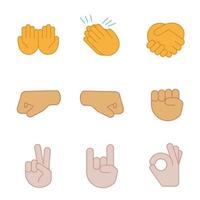 Hand gesture emojis color icons set. Begging, applause, handshake, left and right fists, peace, rock on, OK gesturing. Shaking, cupped, clapping hands. Isolated vector illustrations