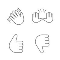 Hand gesture emojis linear icons set. Thin line contour symbols. Hello, goodbye, stop, good job, disapproval gesturing. Thumbs up and down. Isolated vector outline illustrations. Editable stroke