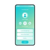 Response message to incoming call smartphone interface vector template. Mobile app page blue design layout. Send message screen. Flat UI for application. Can t talk, unable to answer. Phone display