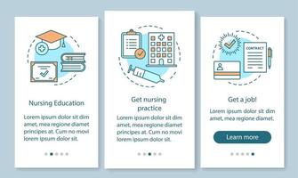 Become nurse onboarding mobile app page screen, linear concepts. Nursing school, courses walkthrough steps graphic instructions. Medical education, practice. UX, UI, GUI vector template, illustrations