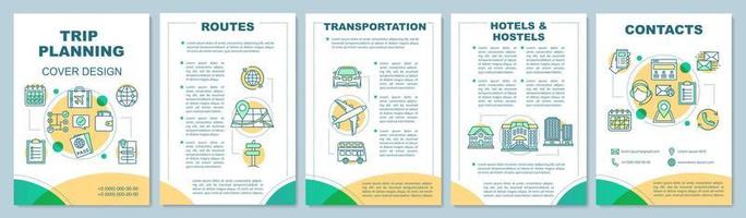 Trip planning brochure template layout. Travel agency Choose route, transport, hotel. Ticket booking. Flyer, booklet, leaflet print design with linear icons. Vector page layouts for magazines, posters
