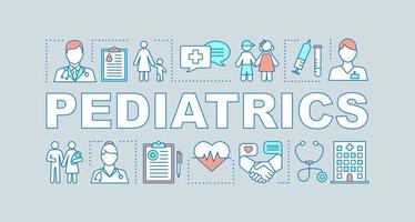 banner de conceptos de palabra de pediatría. diagnóstico de niños. cuidado de niños enfermedad, terapia de desorden. presentación, sitio web. idea de tipografía de letras aisladas, iconos lineales. ilustración de contorno vectorial vector