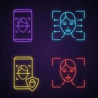 Facial recognition neon light icons set. Biometric identification. Face lock and banking facial recognition smartphone apps, reader, scanning software. Glowing signs. Vector isolated illustrations