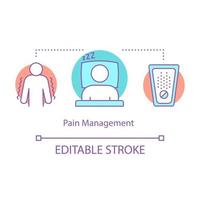 Pain management concept icon. Medical care idea thin line illustration. Headache treatment by medicine. Pain relief medication. Painkiller. Healthcare. Vector isolated outline drawing. Editable stroke