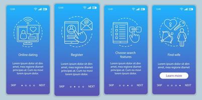 Online dating onboarding mobile app page screen vector template. Register, choose search features, find wife website instructions with linear illustrations. UX, UI, GUI smartphone interface concept