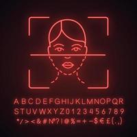 Face scanning process neon light icon. Facial recognition. Biometric identification procedure. Face ID. Glowing sign with alphabet, numbers and symbols. Vector isolated illustration