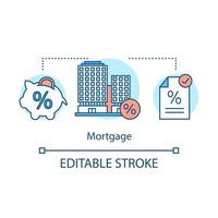 Mortgage interest rates concept icon. Housing deposit. Apartment loan. Piggy bank, condo, contract. Property agency fees idea thin line illustration. Vector isolated outline drawing. Editable stroke