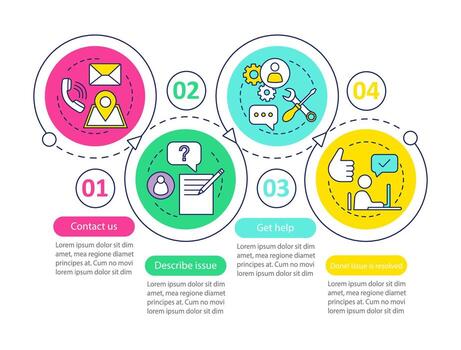plantilla de infografía de vector de soporte al cliente. Servicio al Cliente. Gerente de clientes. infocenter. visualización de datos con cuatro pasos y opciones. gráfico de la línea de tiempo del proceso. diseño de flujo de trabajo con iconos