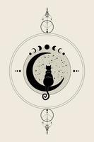 Mystical Black Cat sitting on the crescent Moon, look at the stars. Moon Phases wheel. Logo Wicca symbol, boho style, tattoo icon. Vector illustration isolated on vintage background