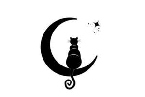 Black Cat sitting on the crescent Moon, look at the stars. Logo Wicca symbol, boho style, tattoo icon. Vector illustration isolated on white background