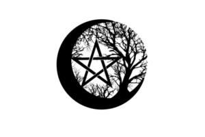 luna mística, árbol de la vida y pentáculo wicca. geometría sagrada. logotipo, luna creciente, símbolo de la diosa wicca pagana de media luna, círculo de energía, vector de estilo tatuaje aislado sobre fondo blanco