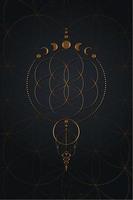 Mystical flower of life and Moon Phases, Sacred geometry. Gold Seed of life. Pagan Wiccan goddess symbol, old golden wicca banner sign, energy circles, boho style vector isolated on black background