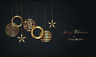 Christmas luxury holiday banner with gold handwritten Merry Christmas and Happy New Year greetings and gold colored Christmas balls. Vector illustration isolated on black background