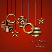 Christmas luxury holiday banner with gold handwritten Merry Christmas and Happy New Year greetings and gold colored Christmas balls. Vector illustration isolated on red background