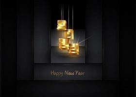 Golden 2022 New Year 3D logo, interlocking numbers. Christmas theme, vector illustration. Holiday design for greeting card, invitation, calendar, party, gold luxury vip, isolated on black background