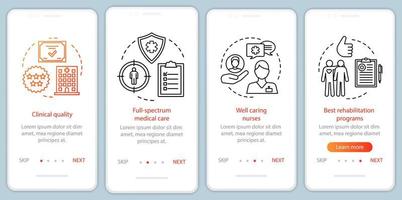 Medical service advances onboarding mobile app page screen with linear concepts. Health care programs, qualified nurses walkthrough steps graphic instructions. UX, UI, GUI vector template