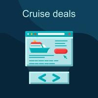 Cruise deal flat concept vector icon. Travel agency website idea cartoon color illustrations set. Voyage, journey, trip planning. Tickets online booking. Isolated graphic design element