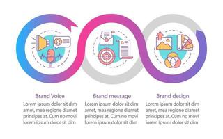 Branding elements vector infographic template. Brand design. Business presentation design elements. Data visualization with three steps, options. Process timeline chart. Workflow layout, linear icons