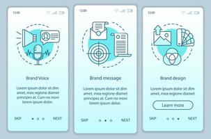 Branding elements onboarding mobile app page screen vector template. Brand voice, message and design. Walkthrough website steps with linear illustrations. UX, UI, GUI smartphone interface concept