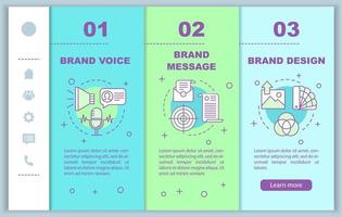 Branding elements onboarding mobile web pages vector template. Brand voice, design. Responsive smartphone website interface idea, linear illustrations. Webpage walkthrough step screens. Color concept