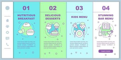 Food service onboarding mobile web pages vector template. Family cafe menu. Responsive smartphone website interface idea with linear illustrations. Webpage walkthrough step screens. Color concept