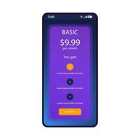 Tariff plan smartphone interface vector template. Mobile operator app page blue design layout. Prepaid, postpaid recharge bill screen. Flat UI for application. Service pack prices. Phone display