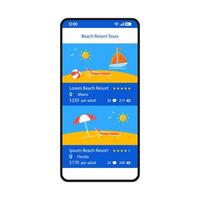 Online booking app smartphone interface vector template. Mobile page black design layout. Beach resort reservation screen. Flat UI for application. Hotel search. Travel agency website. Phone display